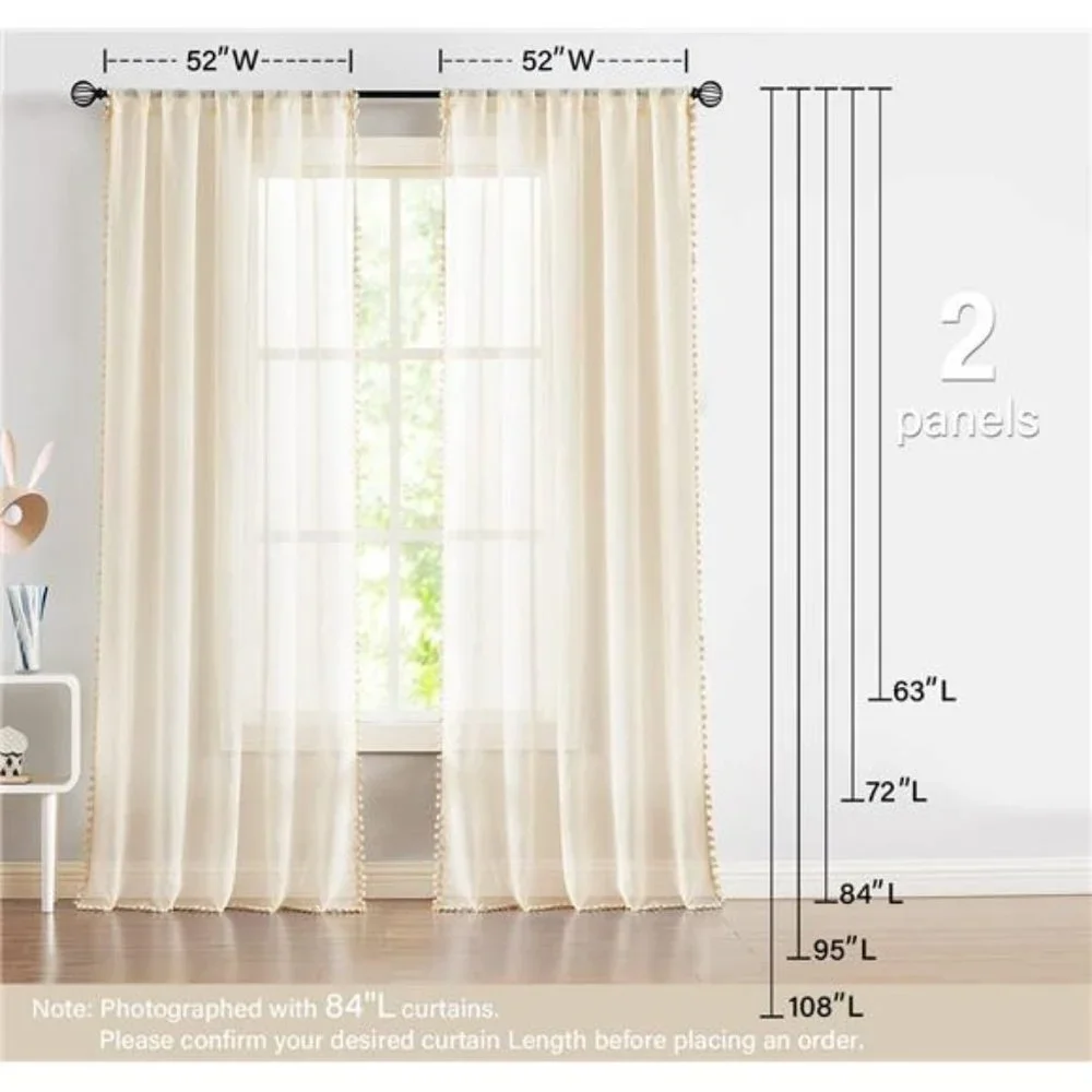 Pompom Linen Sheer Curtains for Living Room 84inches Long Decorative Natural - Picture 6 of 7